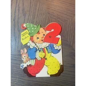 Birthday Greetings, 2-Year-Old, Funny Clown, 1950s Vintage Greeting Card,
